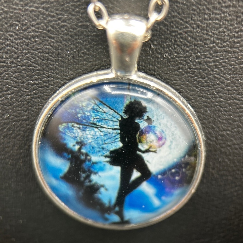 Vintage Silver Fairy Pendant Necklace Fantasy Moon Art